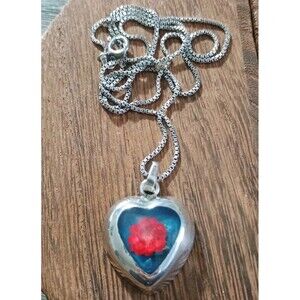 Taxco Heart Dried Red Flower Pendant TD-69 Sterling Silver Necklace Rare